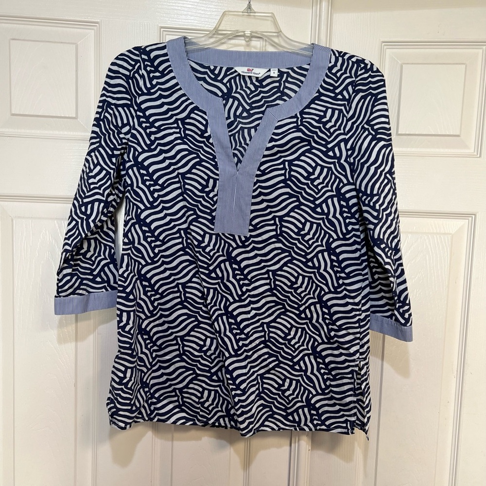 Vineyard Vines Top Womens Small Cotton Navy‎ Blue Whale Tale Tunic Beachy Boho